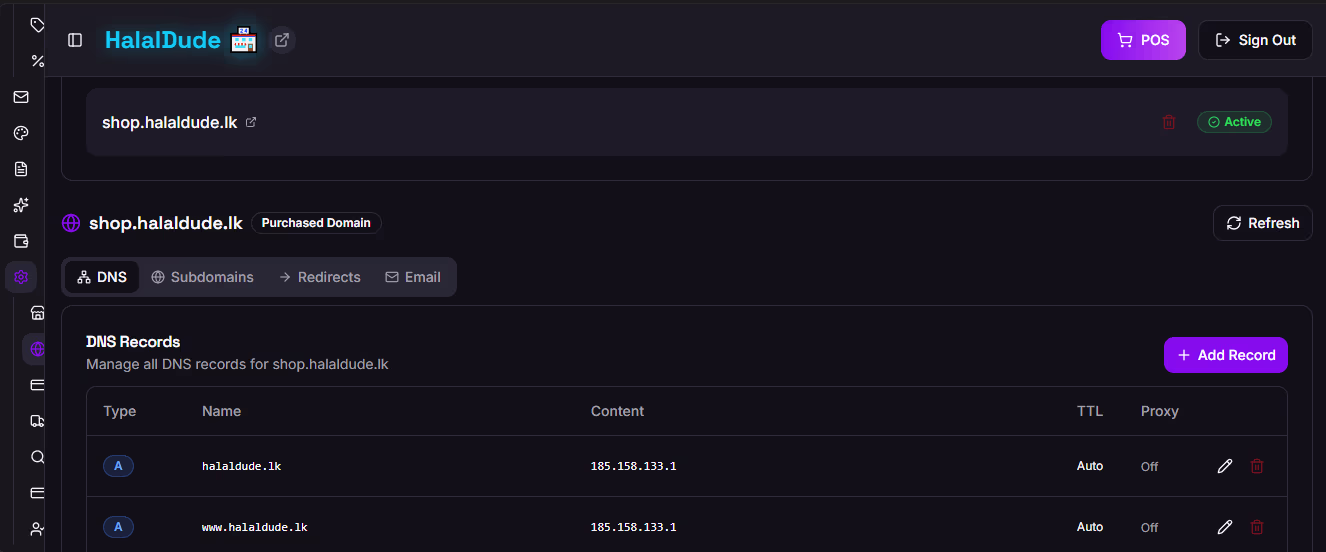 Shopi DNS Management Dashboard — manage A records, CNAME, TXT, and more from one place